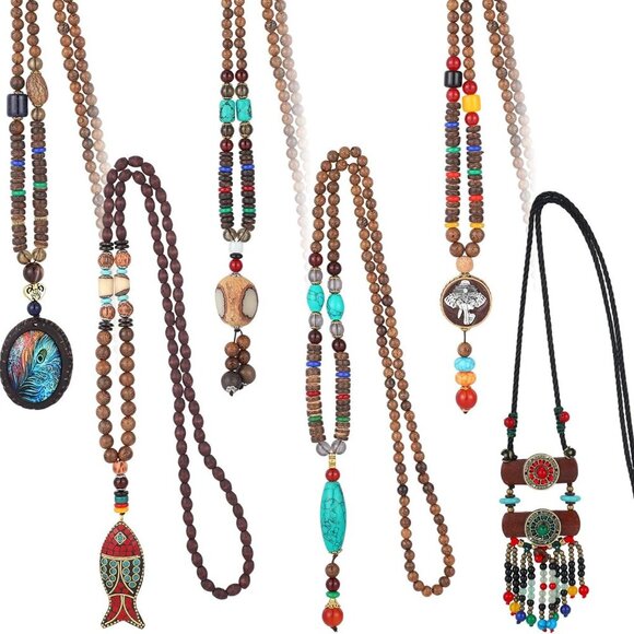 6 Pcs Boho Long Necklaces for Women Vintage Wooden Necklace Handmade Retro Nepal - Picture 1 of 6